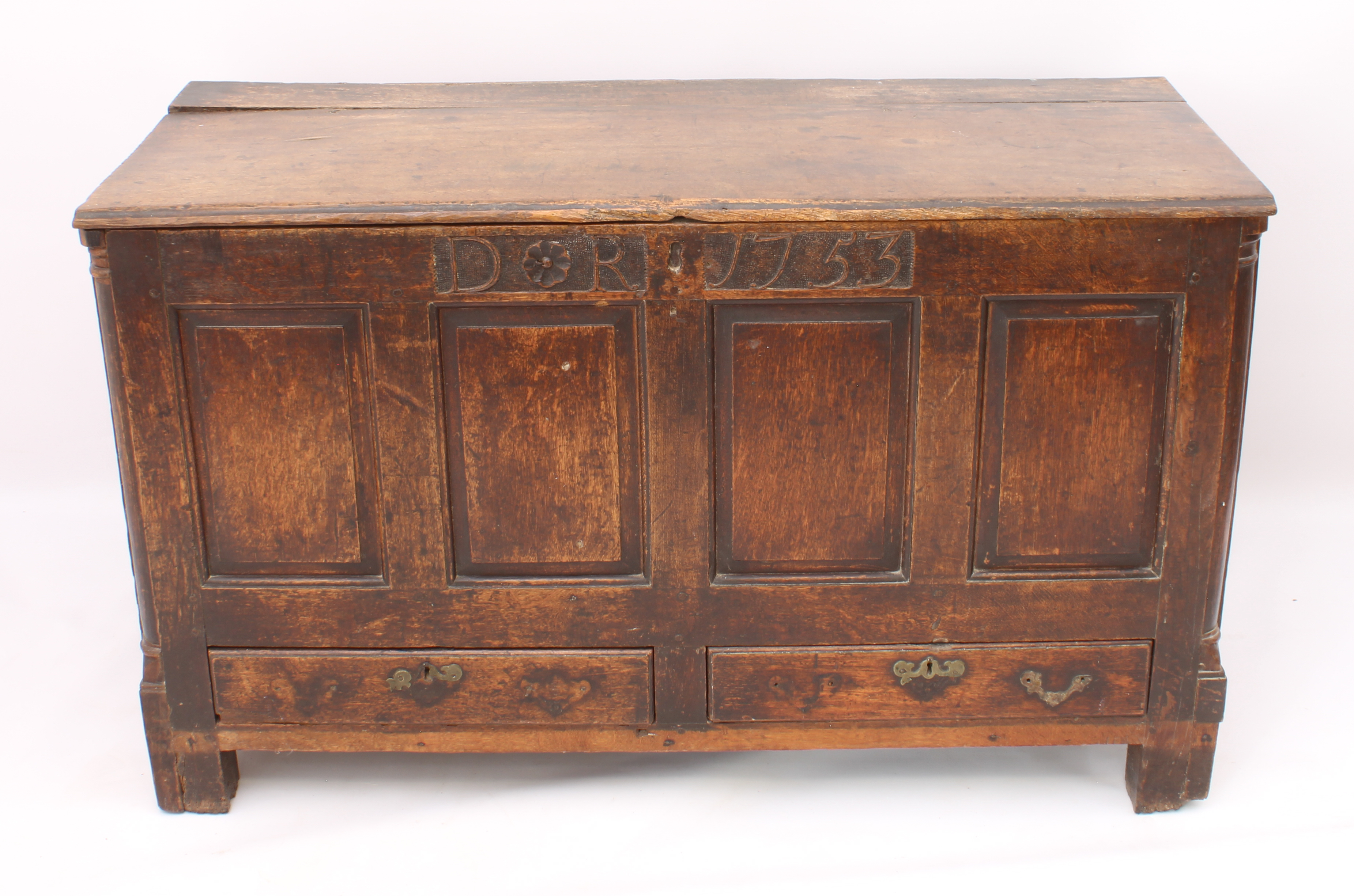 A George II oak mule chest - the boarded top with thumb-moulded front edge and iron strap-hinges, - Image 2 of 7
