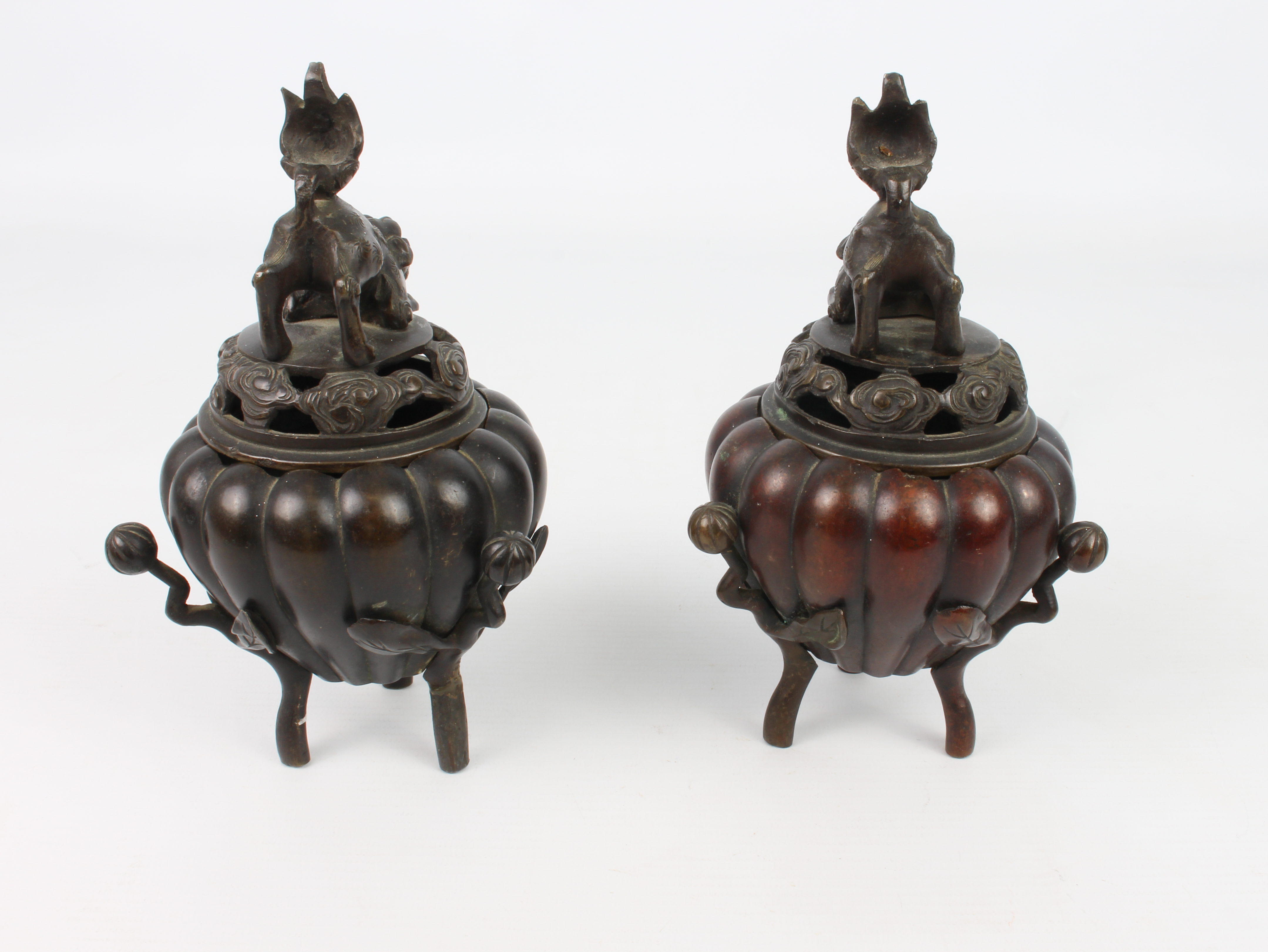 A pair of Chinese bronze tripod censers - probably early 20th century, of pumpkin or gourd form, - Image 2 of 4