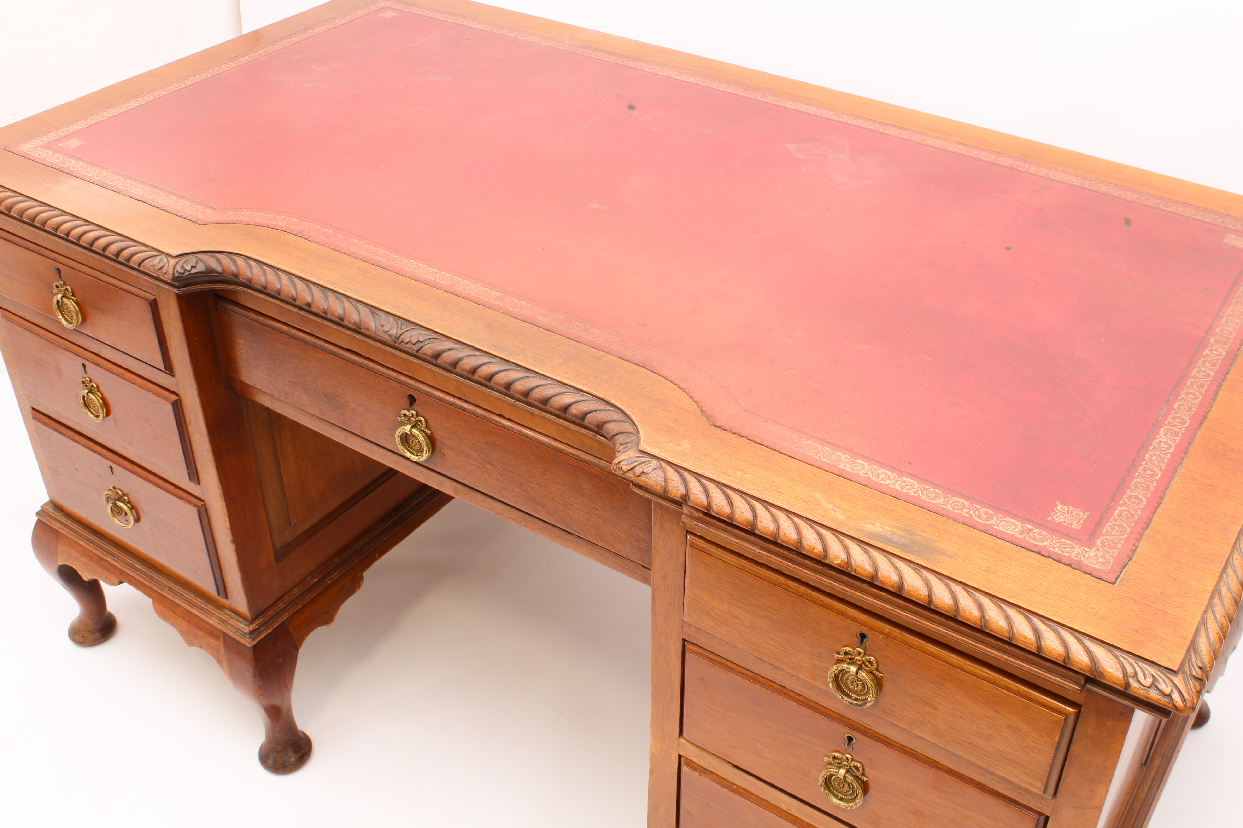 A 1920s Georgian-style mahogany inverted breakfront double pedestal desk - the moulded top with - Image 3 of 5