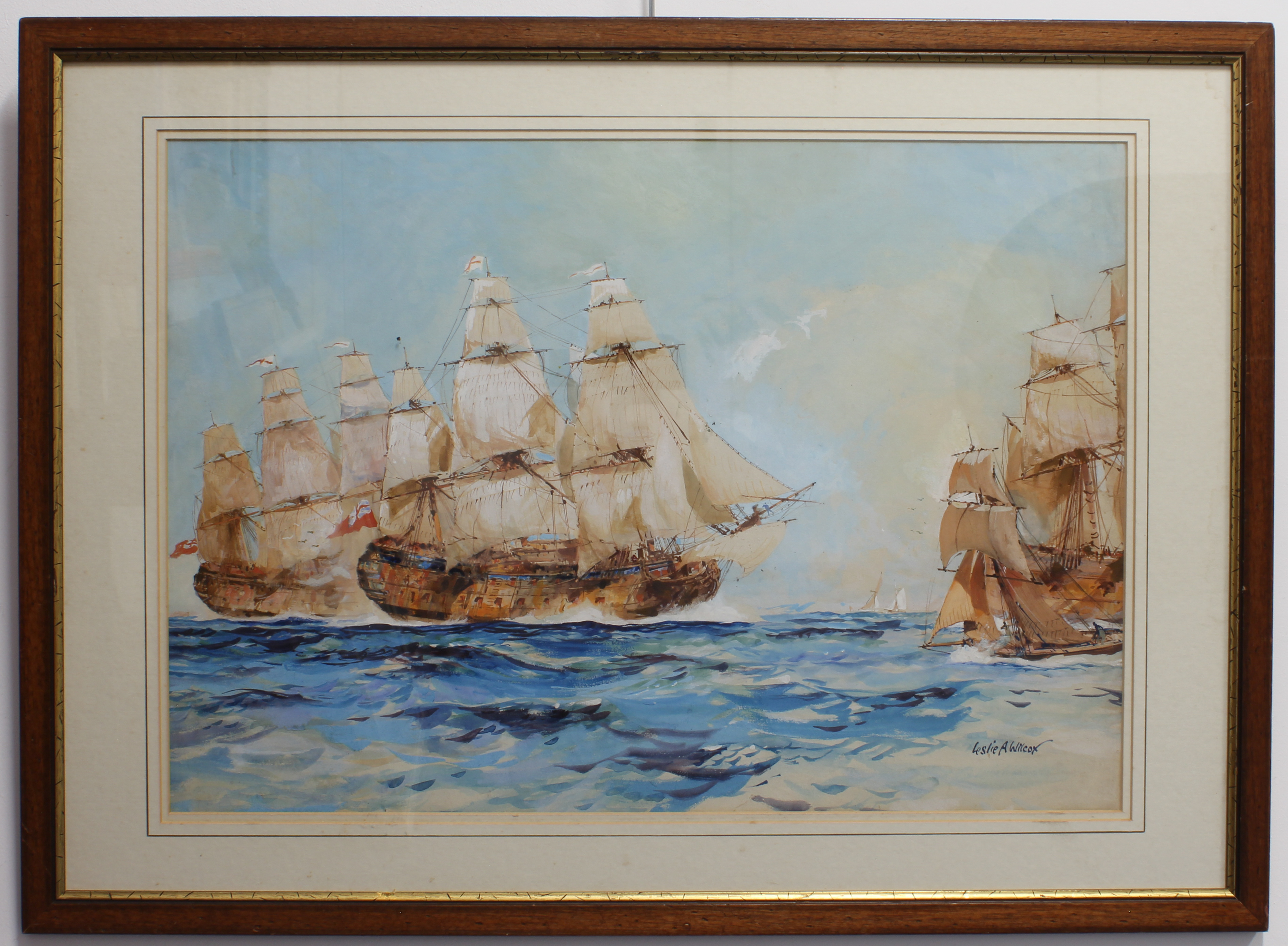 **Leslie Arthur Wilcox RI RSMA Ships of the line in full sail watercolour and gouache, signed 20 x - Image 2 of 2