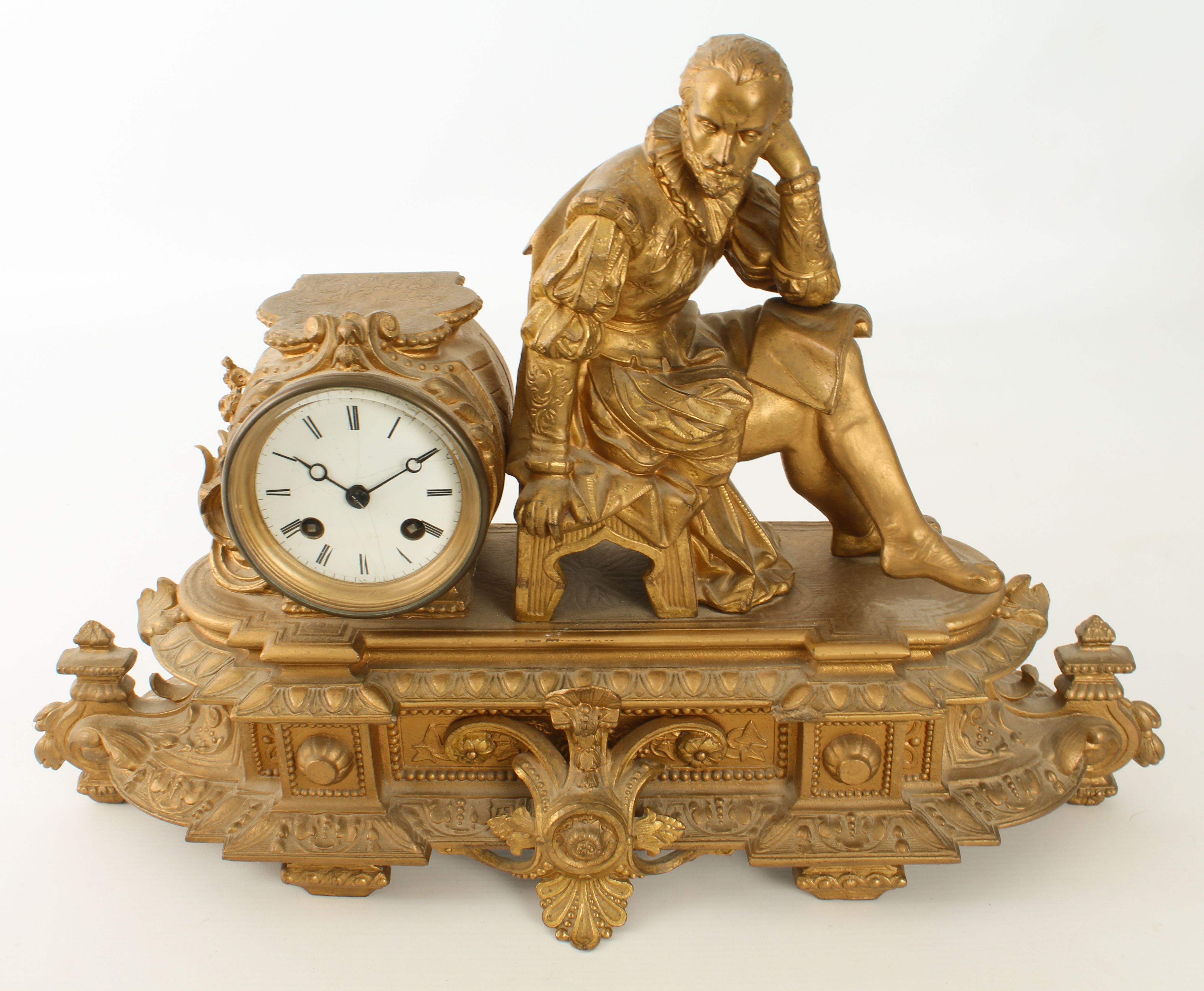 A French gilt-spelter mantel clock - early 20th century, the case with a seated figure of William - Image 5 of 5