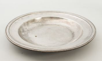 An antique French silver-plated brass alms dish - impressed mark 'A. Frenais', 30.25 cm diameter.