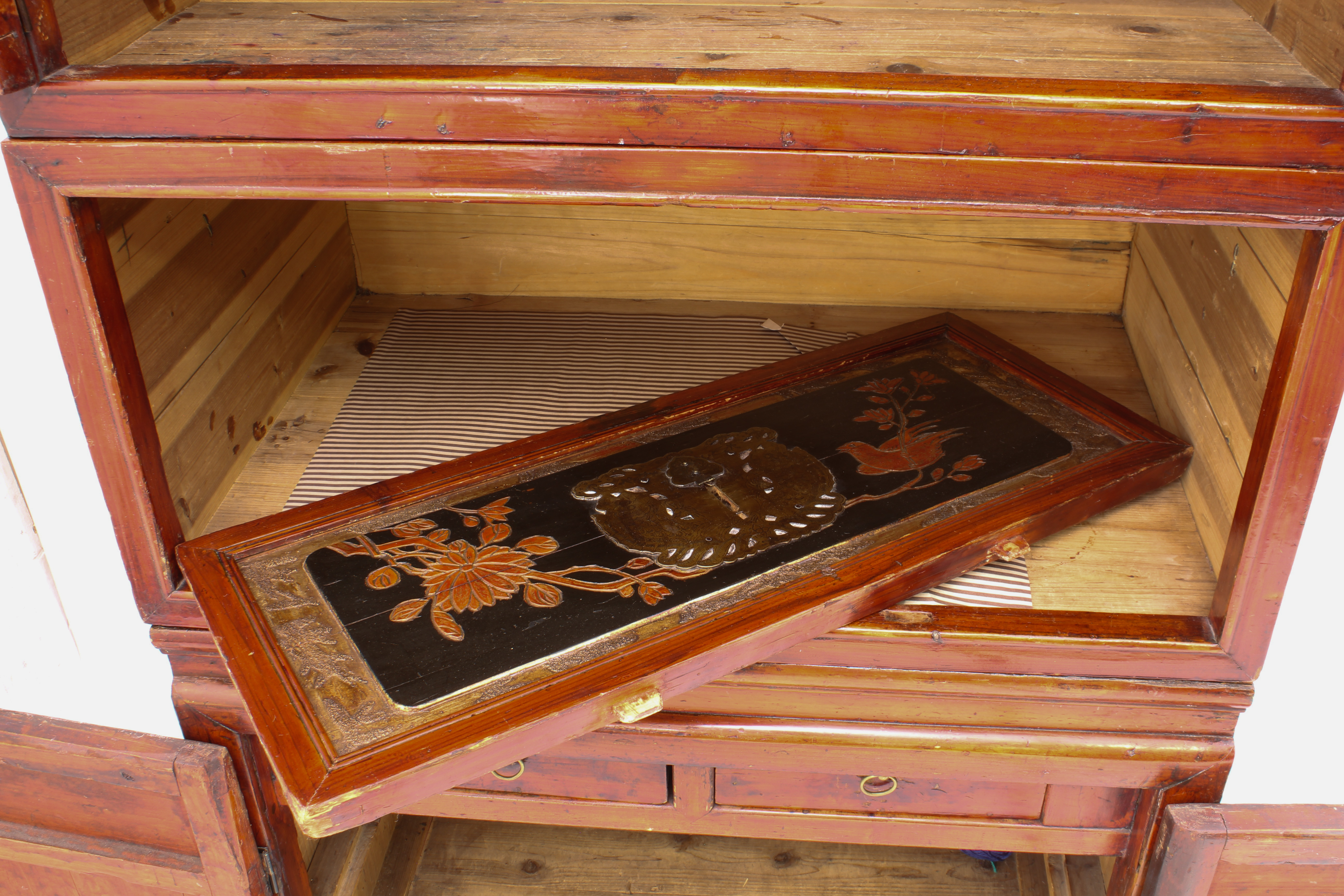 A Chinese red stained pine, lacquered and parcel-gilt three-piece compound cabinet - probably - Image 5 of 6