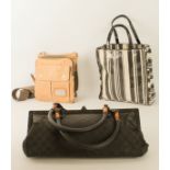 Three vintage handbags: 1. a Gucci black monogram fabric shoulder bag, with black leather base,