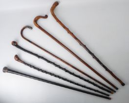 A group of antique walking sticks and canes - including a novelty ebonised cane with hinged silver