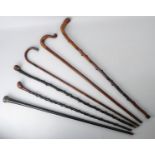 A group of antique walking sticks and canes - including a novelty ebonised cane with hinged silver