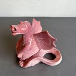 A Welsh studio pottery dragon incense-burner - two-part, pink glazed, with incised 'B' mark, 19.5 cm