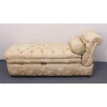 A Victorian / Edwardian upholstered daybed - later upholstered in buttoned pale gold floral