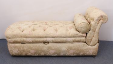 A Victorian / Edwardian upholstered daybed - later upholstered in buttoned pale gold floral