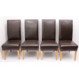 A set of four chocolate-brown leather and oak high-back dining chairs - modern, 48 cm wide, 108.5 cm