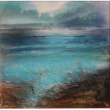 Contemporary School Turquoise sea mixed media on panel, unsigned, white painted frame 16½ x 16½