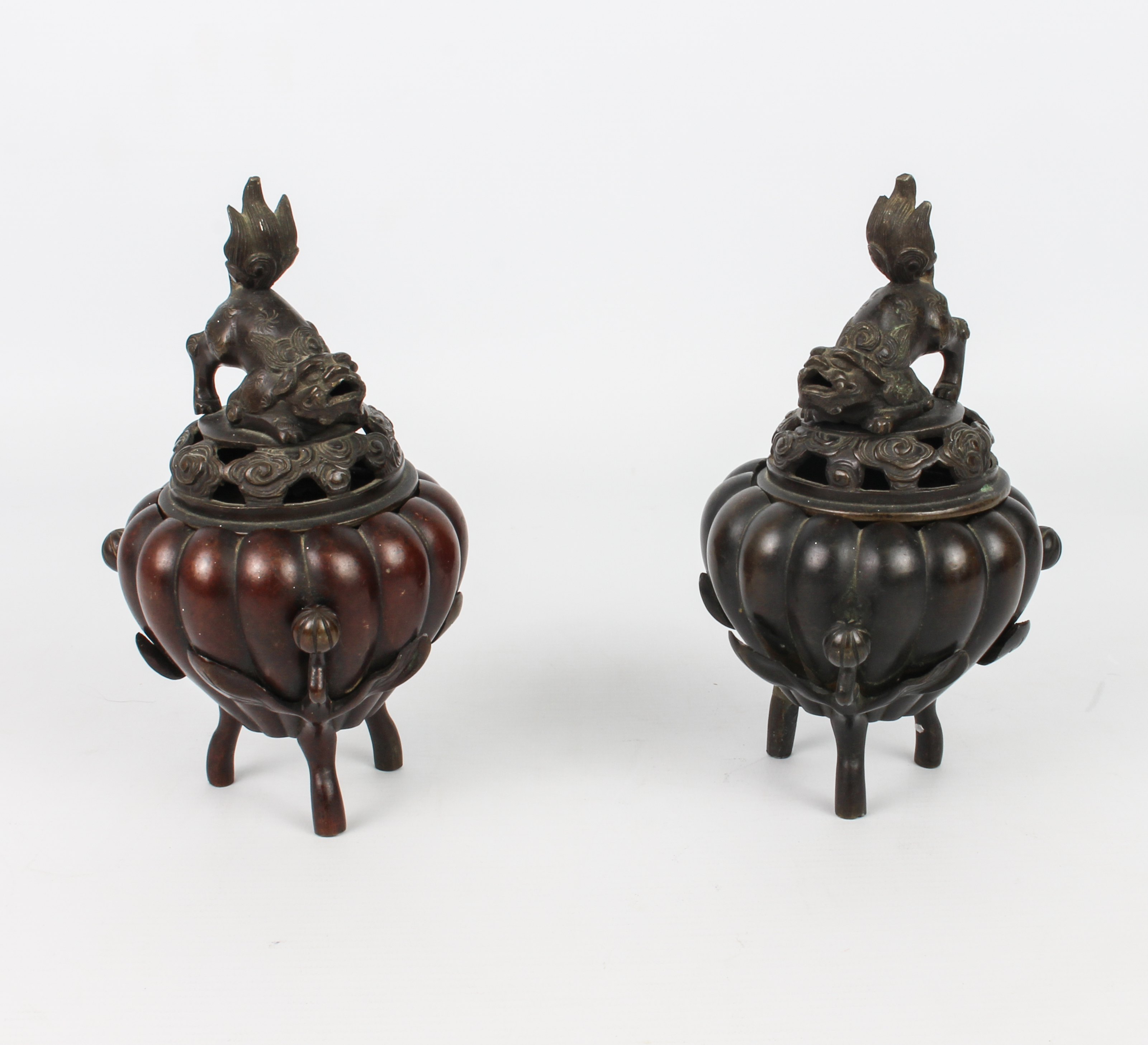 A pair of Chinese bronze tripod censers - probably early 20th century, of pumpkin or gourd form,