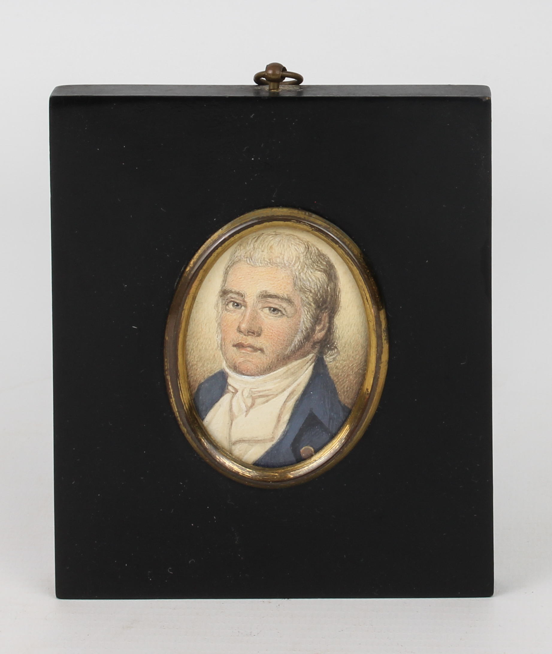 A 19th century portrait miniature of a gentleman - watercolour on card, oval, 5.3 x 3.9 cm, in - Image 2 of 2