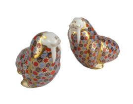 A  pair of Royal Crown Derby Walrus paperweights - with gold stoppers, first quality, 10.5 cm