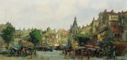 Modern Continental School Busy market day in a Northern European town oil on canvas, indistinctly