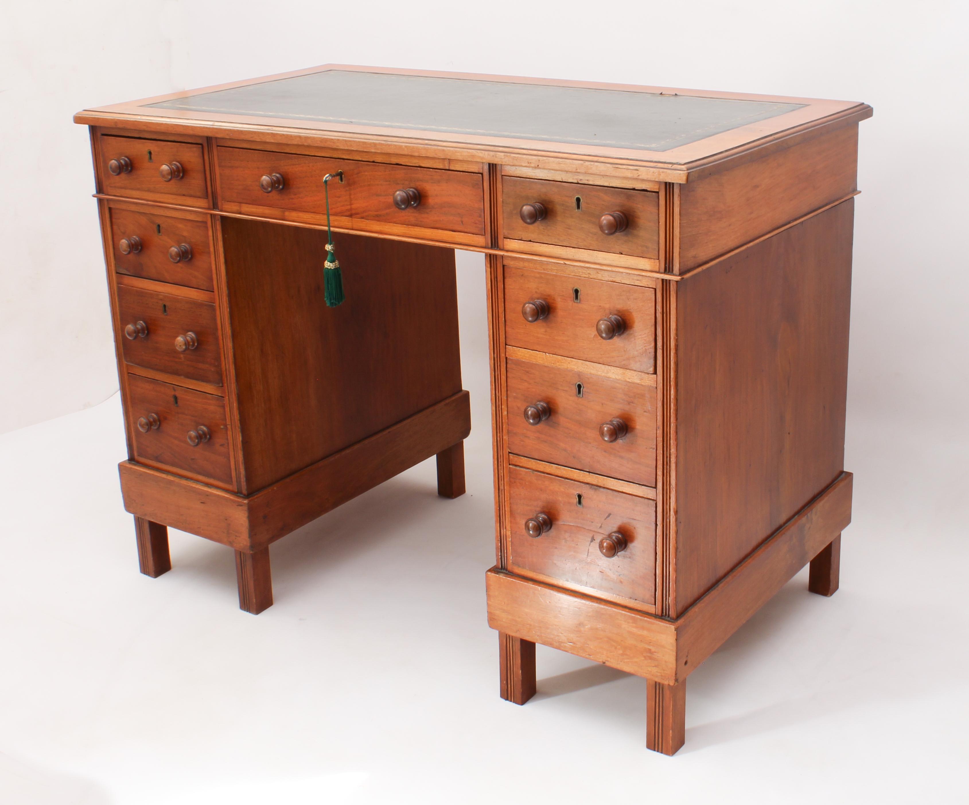 An Edwardian walnut double pedestal desk - the moulded top with inset gilt tooled green leather, - Image 2 of 6