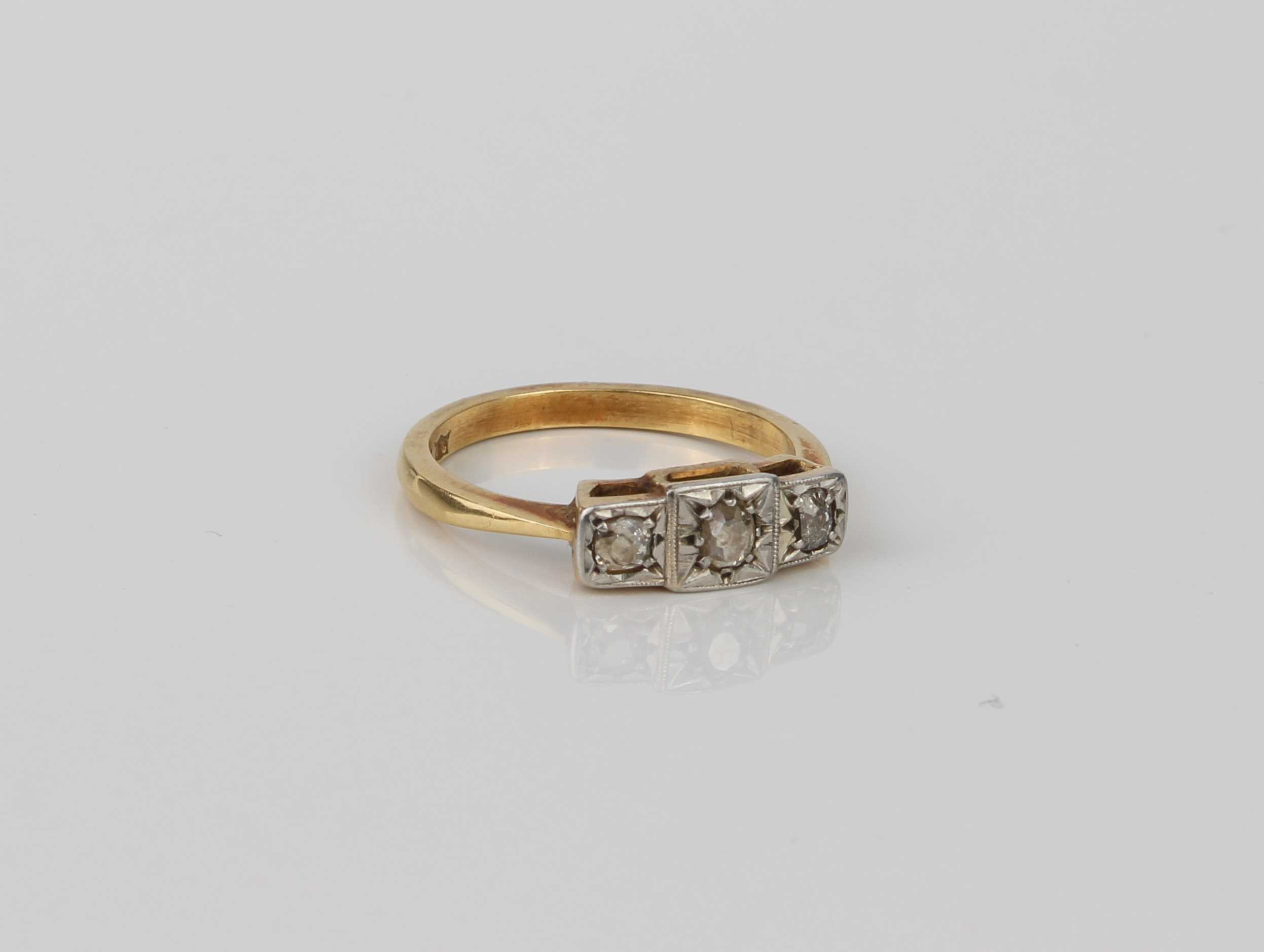 A mid-century style 18ct yellow gold and diamond three stone ring - hallmarked Birmingham 1985, with - Image 2 of 4