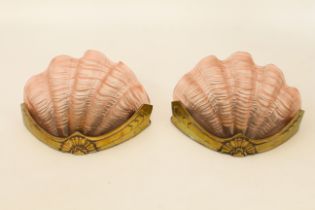 A pair of 1930s Art Deco brass and pink glass shell wall-lights - in good condition, with no