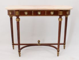 A Louis XVI style walnut, beech wood and marble console table with matching mirror - late 20th