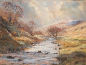 Robert Turnbull (British, contemporary) Autumnal river landscape, probably Northumberland pastel,