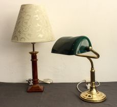 A green acrylic and brass desk or library lamp - the shade a/f; together with a red and gilt