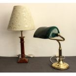 A green acrylic and brass desk or library lamp - the shade a/f; together with a red and gilt