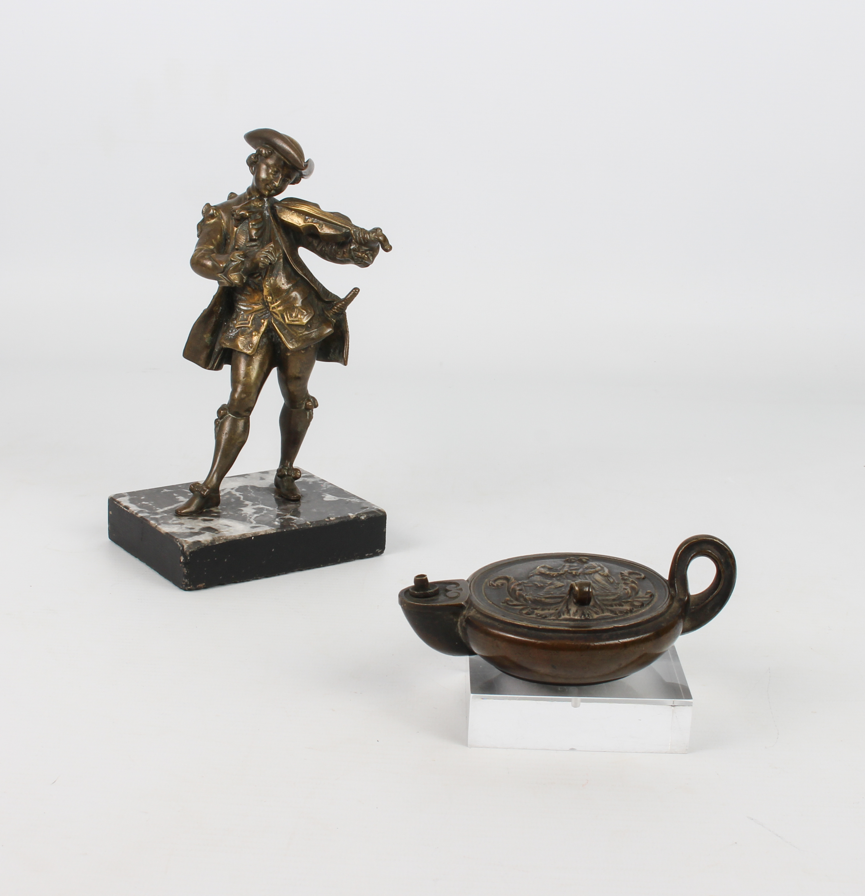 A 19th century grand tour bronze classical style oil lamp - 12 cm long, base removed and glued to an - Bild 3 aus 7