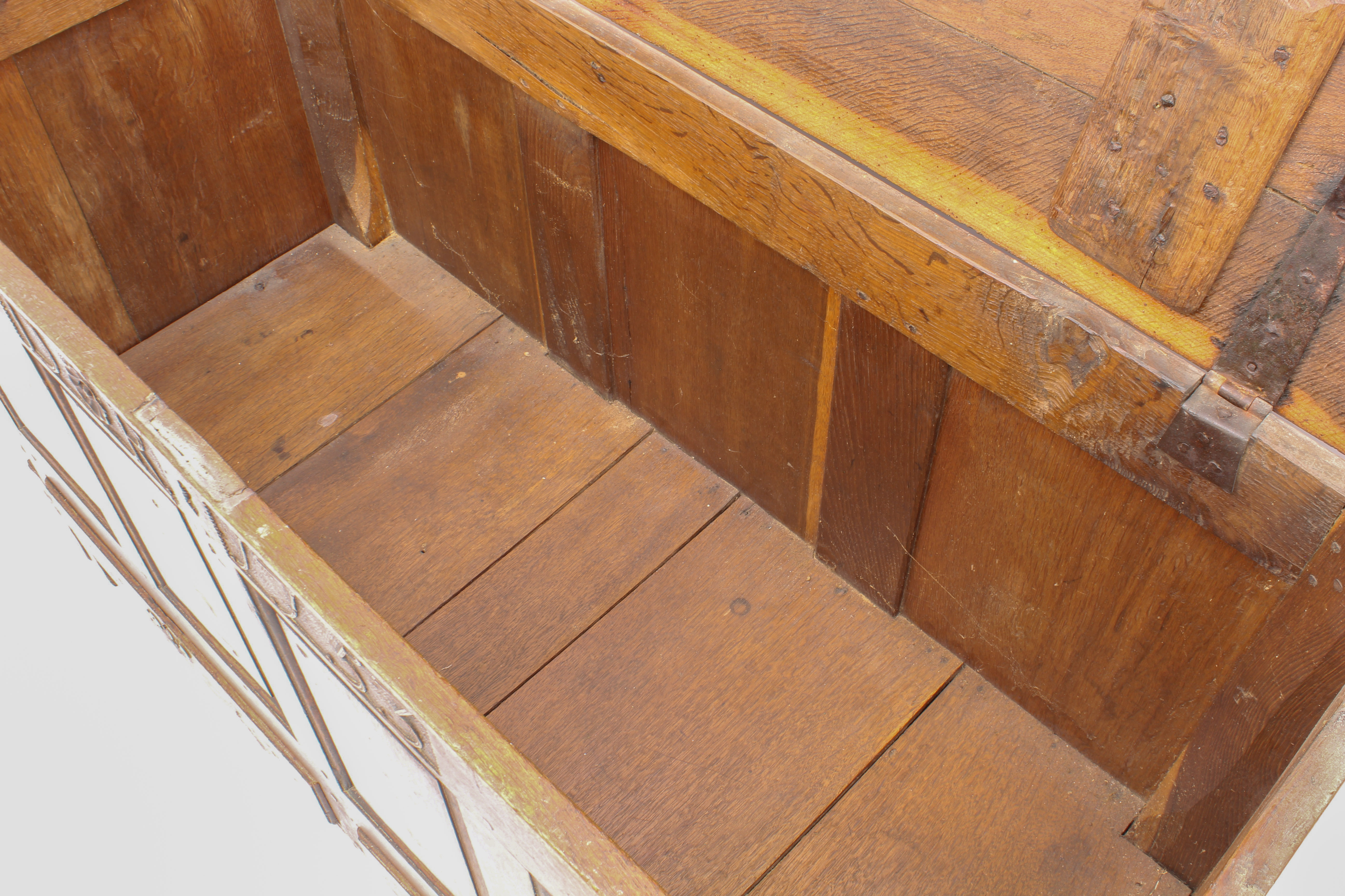 A George II oak mule chest - the boarded top with thumb-moulded front edge and iron strap-hinges, - Image 6 of 7