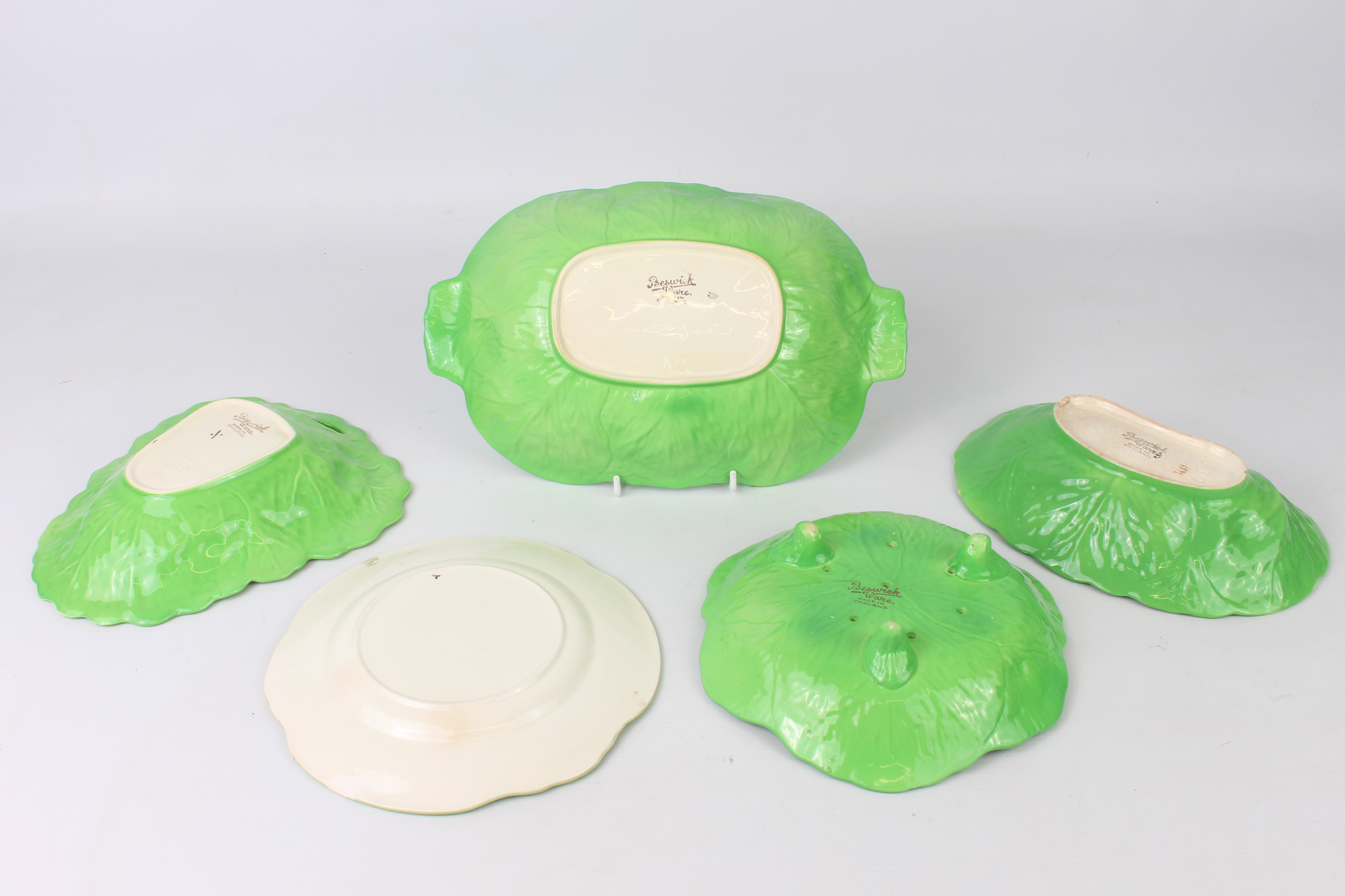 Five Beswick salad leaf plates - 1950s to 1960s, the largest 30 cm long. * Condition: All of the - Image 2 of 2