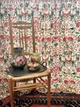 Two pairs of curtains in ‘Lodden’ by Morris & Co: rufflette heading, lined only in cream cotton