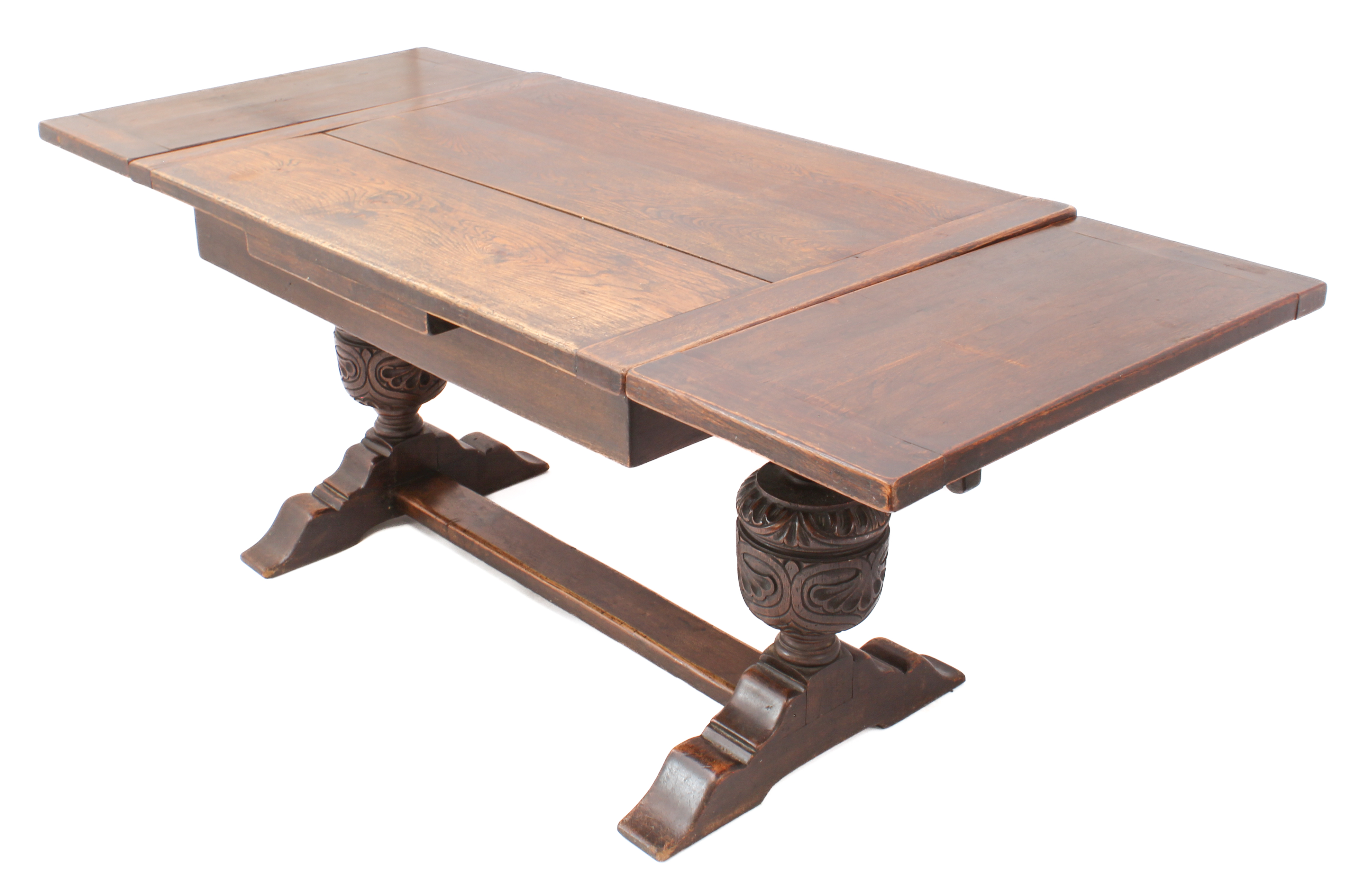 A carved oak extending refectory style dining table - the cleated, rectangular top with a single - Image 5 of 7