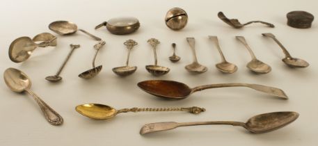A small group of silver spoons and other items to include: a Victorian caddy shovel by George Unite;