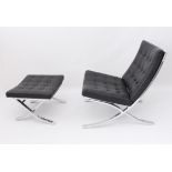 A modernist Barcelona chair and foot stool in black leather and chrome - after an original design by