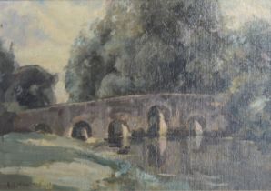 Robert T. Mumford (British, mid-20th century) A stone bridge oil on canvas laid onto board, signed