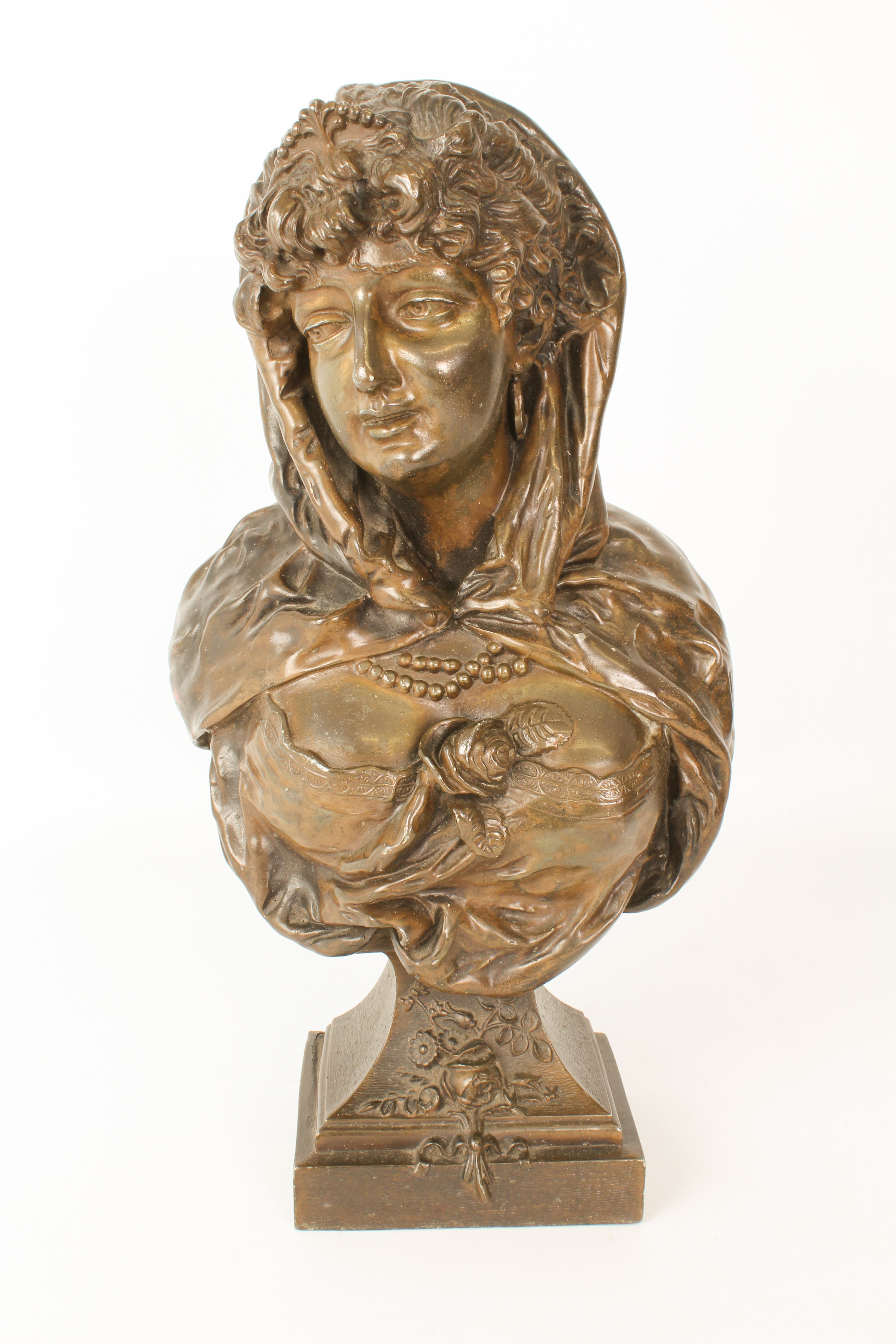 A large late 19th to early 20th century bronzed spelter female bust (39.5 cm high).