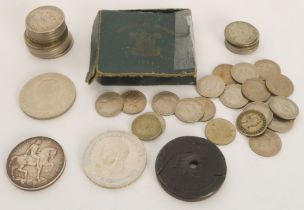 A mixed lot comprising a silver British War Medal, pre-decimal GB coins and two commemorative
