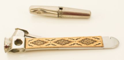 A pocket travelling corkscrew, early 20th century - with plated case, 8.6 cm long, case dented;