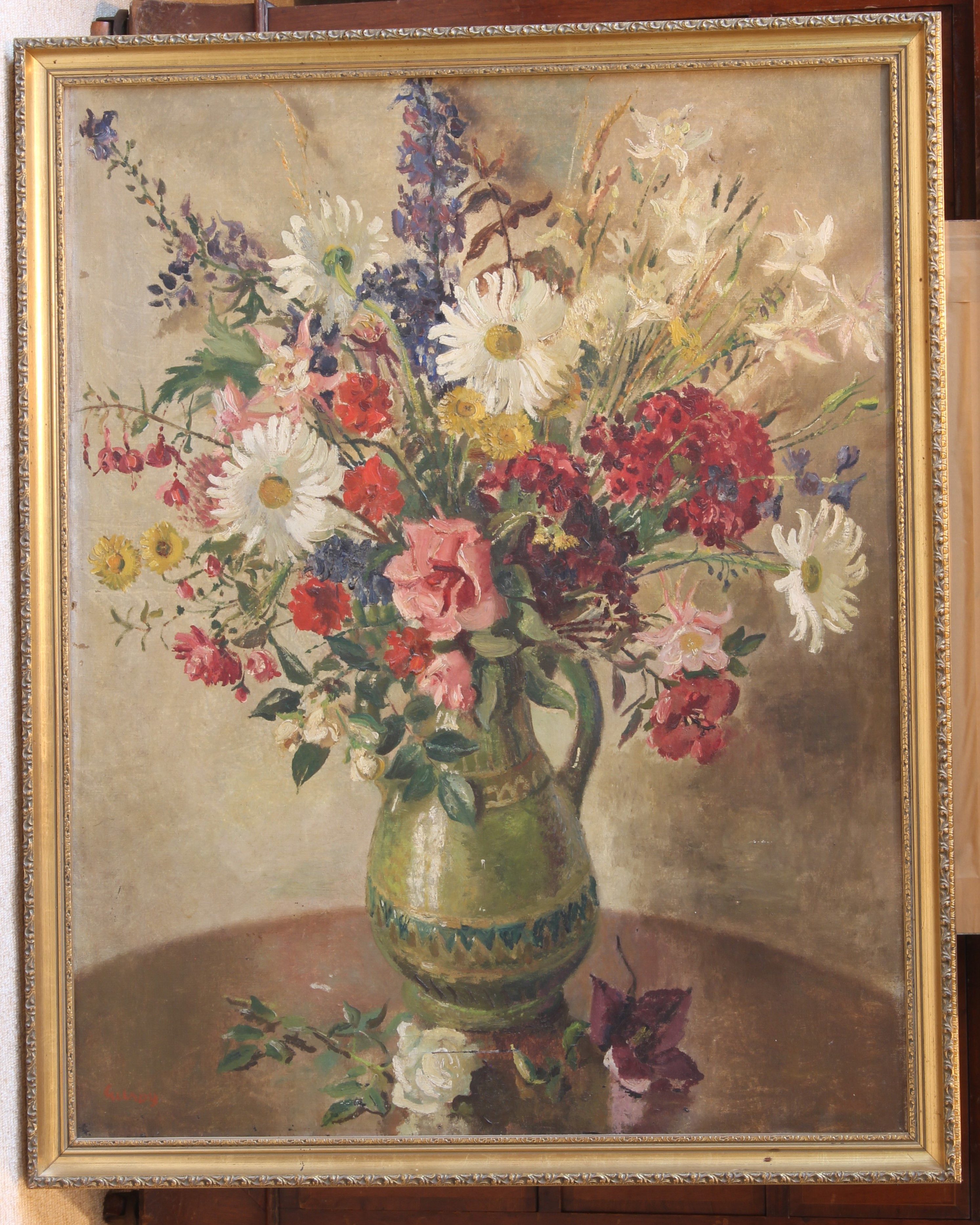 John Thomas Young Gilroy (1898-1985) Still life of garden flowers in a green glazed jug oil on - Image 2 of 6