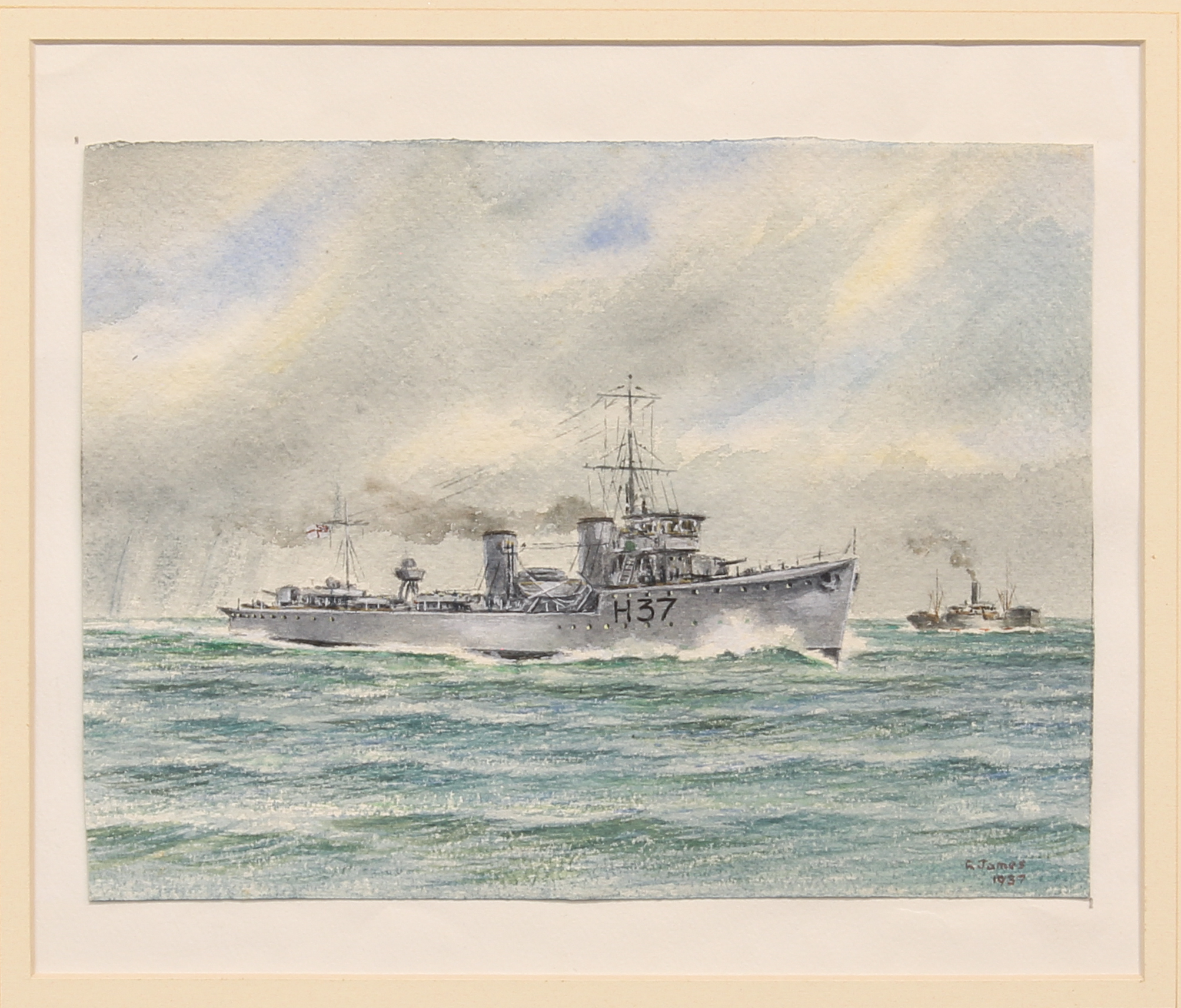 Three watercolour studies of Royal Navy gunboats, one numbered H37 and all signed G James 1937 ( - Bild 4 aus 8