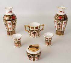 A pair of Royal Crown Derby 'Old Imari' vases - of lobed, baluster form, 18.5 cm high; together with