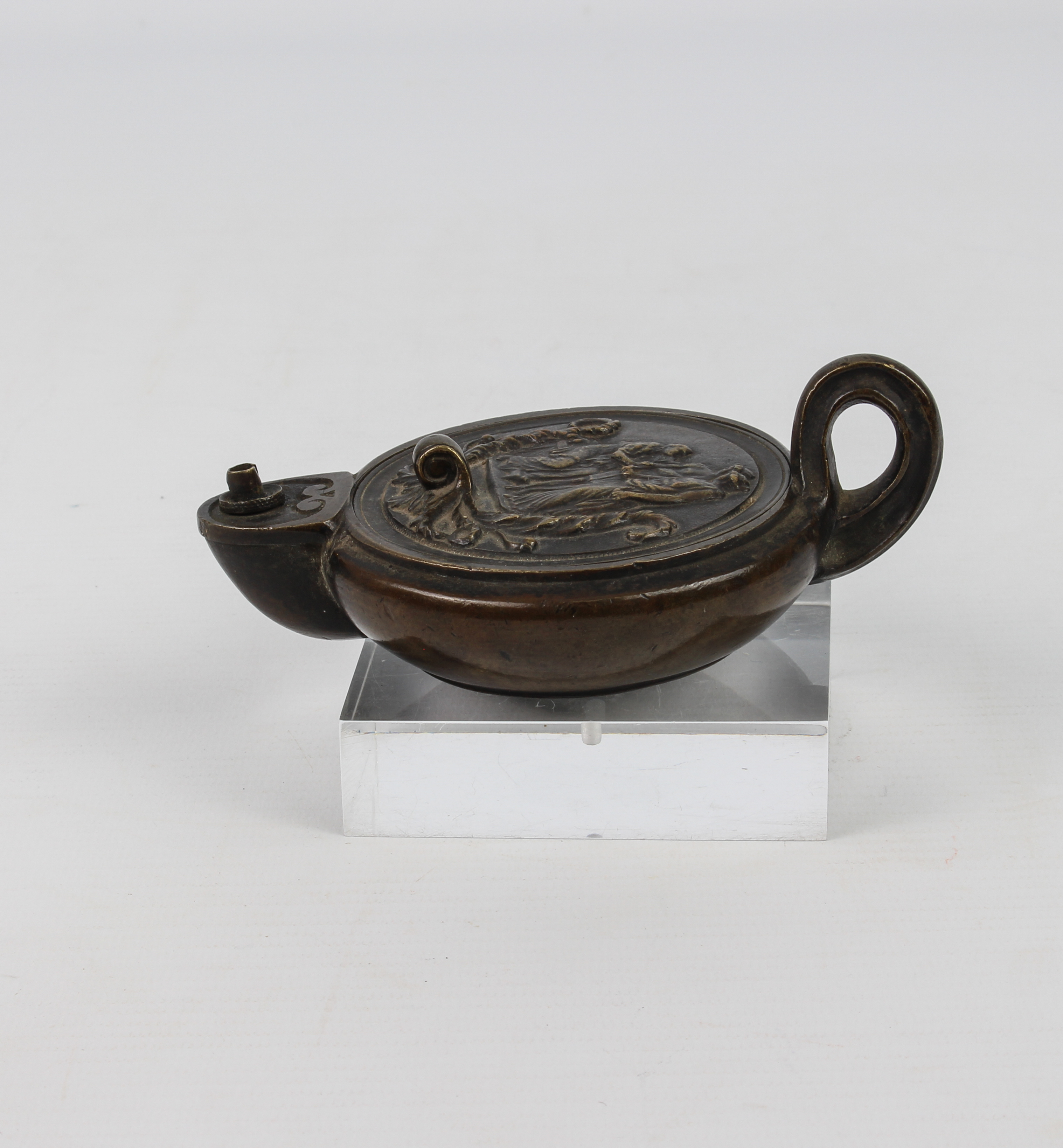 A 19th century grand tour bronze classical style oil lamp - 12 cm long, base removed and glued to an - Bild 6 aus 7