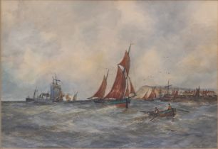 Aubrey Ramus (British, 1895-1950) Shipping off the coast in choppy seas watercolour, signed lower