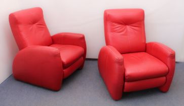 A pair of retro style HTL 'Fjord' red leather recliner armchairs - purchased new c.2015 from