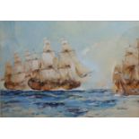 **Leslie Arthur Wilcox RI RSMA Ships of the line in full sail watercolour and gouache, signed 20 x