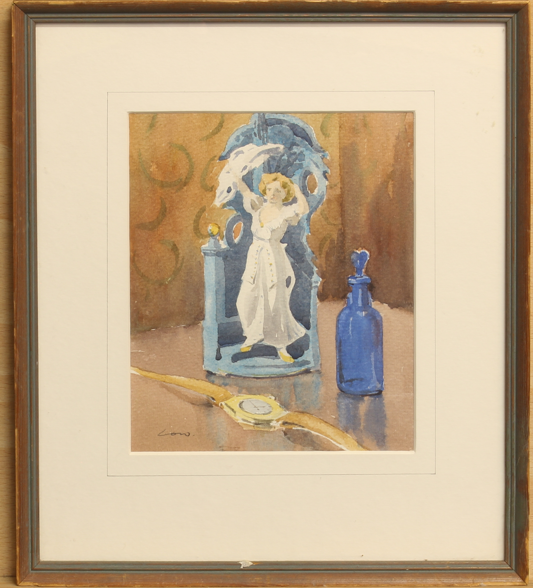 Low (British, second half 20th century) Still life of a watch, blue glass bottle and figurine - Image 2 of 3