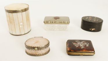 Five piesces: a 19th century rose quartz and gilt white-metal box - oval, with pierced scalloped