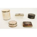 Five piesces: a 19th century rose quartz and gilt white-metal box - oval, with pierced scalloped