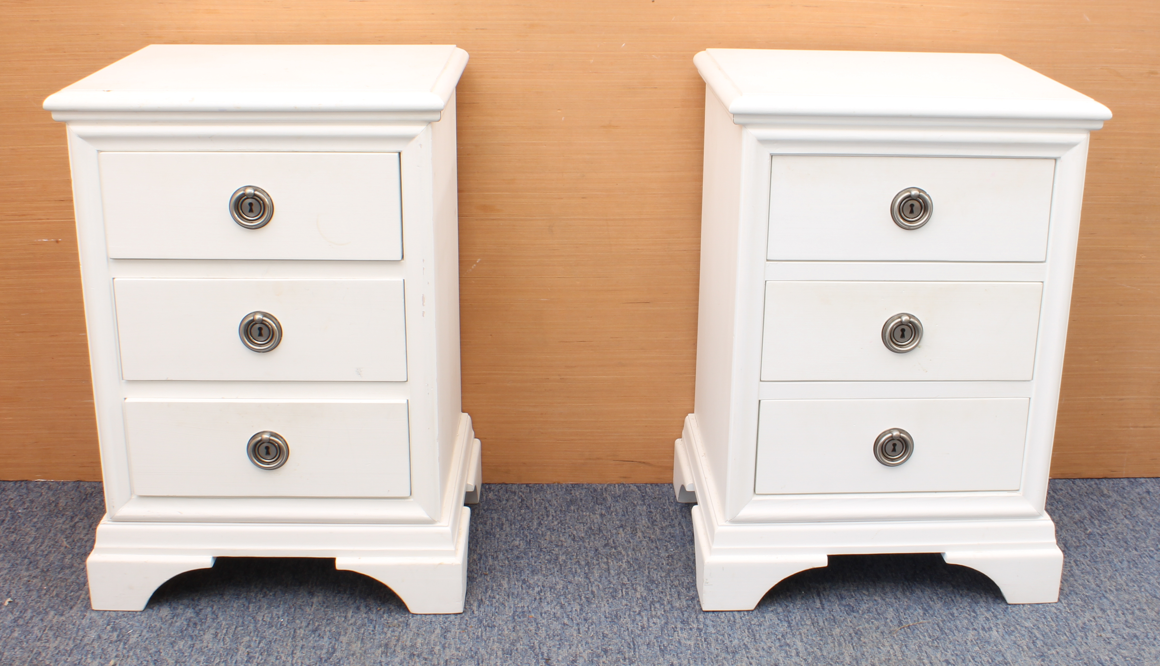 A pair of off-white painted three-drawer bedside cabinets in the 19th century style - modern, with - Image 2 of 2