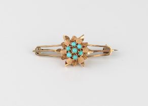 A mid-century 18ct rose gold and turquoise bar brooch - stamped '18', with a central flower set with