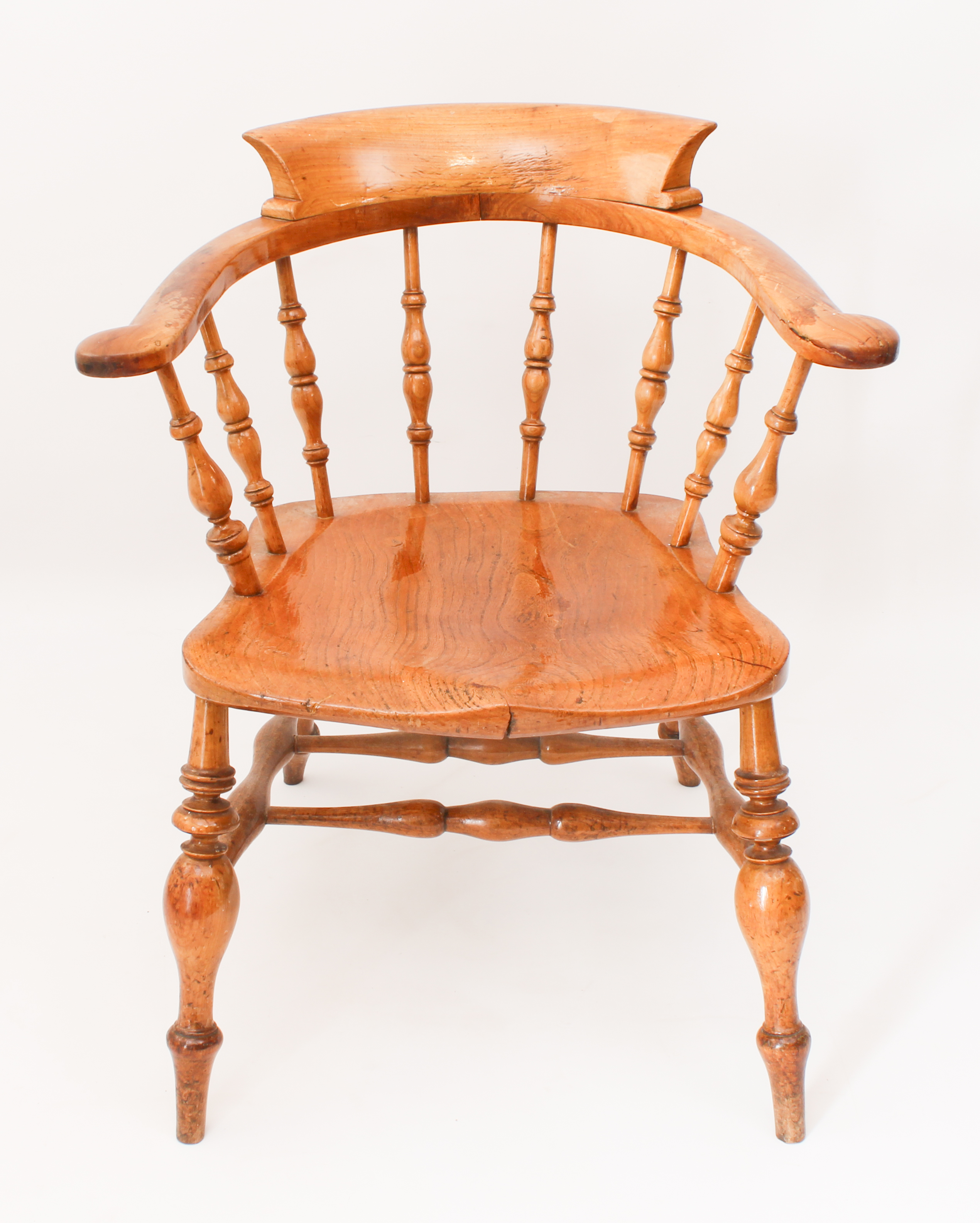 A late 19th century fruitwood and elm smoker's bow armchair - the horseshoe back with turned - Image 2 of 4